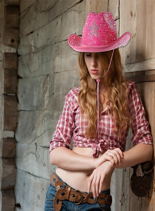 Tisancy Rhinestone Cowboy Hats for Women Cowgirl Diamond Western Disco Crystal Hat for Carnival Wedding Costume Party(Pink and Silver Star) - Image 3